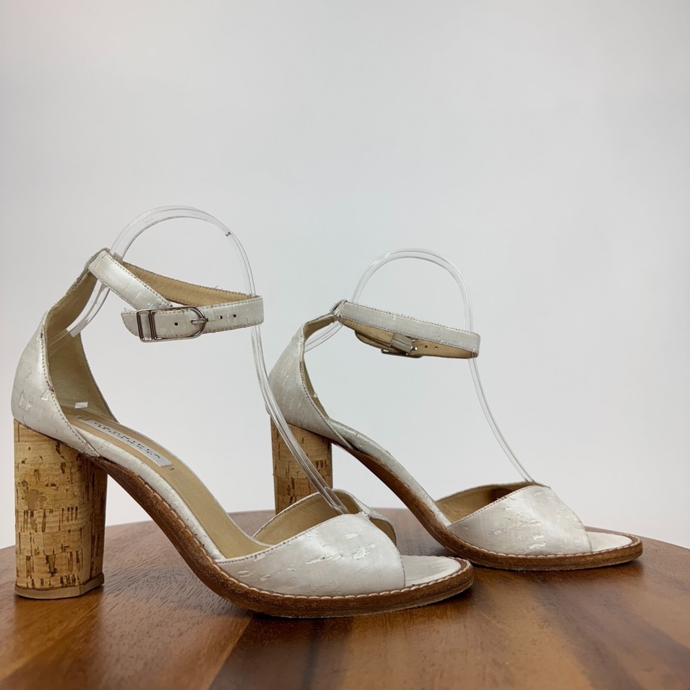 Womens Gabriela Hearst Ivory Leather Cork Heels Ankle Strap Shoes Size 38.5